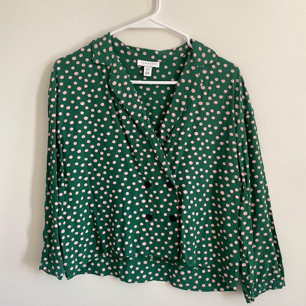 Topshop polka dot spotted green blouse